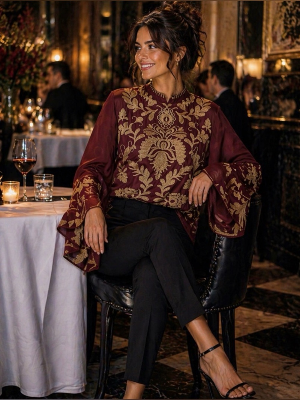 Buckle gimmicks Embroidered Burgundy and Gold Bell-Sleeve Blouse Sz M